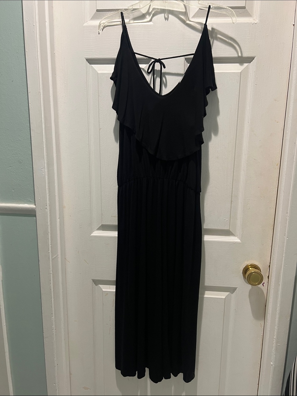 Lilian Black Ruffle V-Neck Wide Leg Jumpsuit with Spaghetti Straps